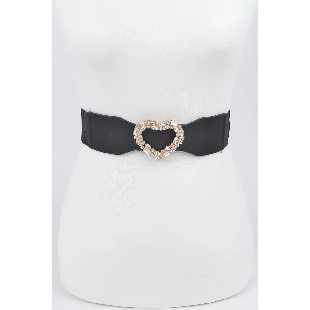 Heart Buckle Belt Womens Black NEW Rhinestone Crystal Elastic